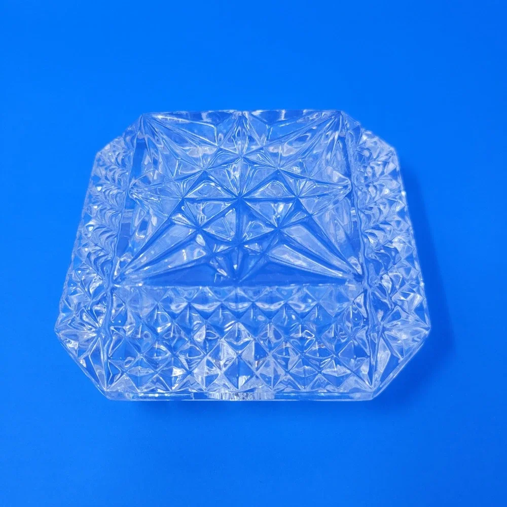 MCM Crystal Ashtray‎ Diamond Cut Square Vintage Heavy Glass Small Chip